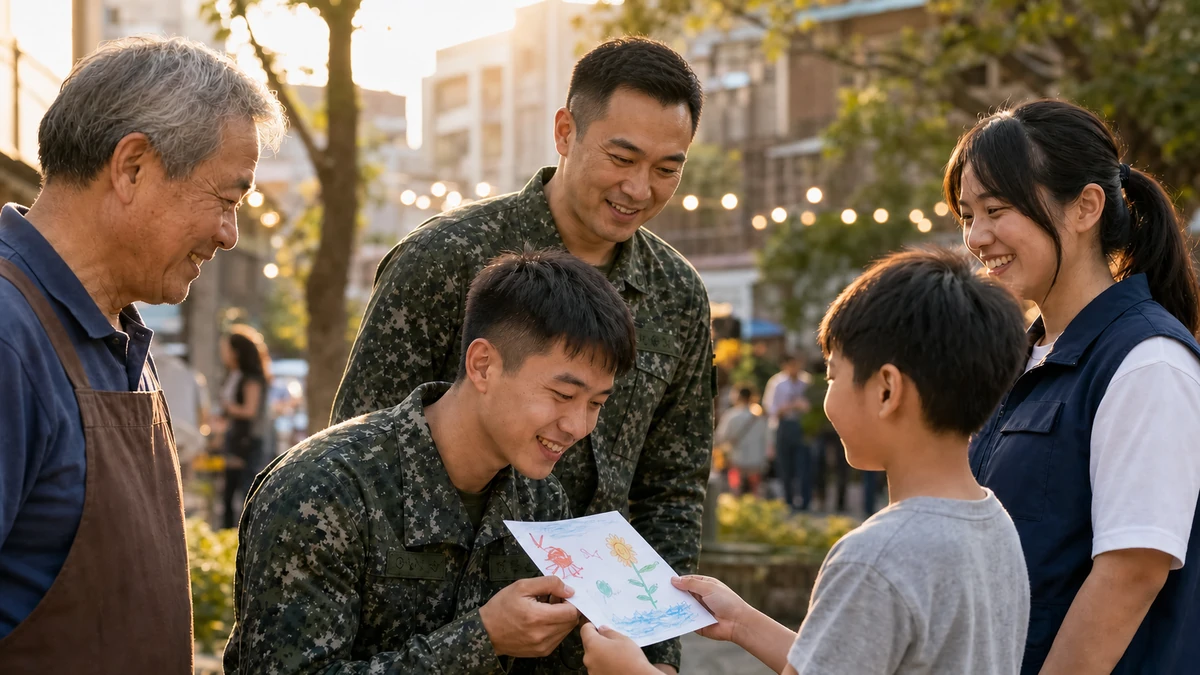孩子將手繪感謝圖交給官兵的城市響應概念畫面