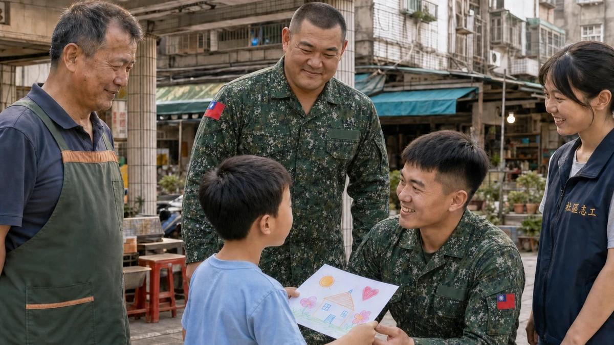 孩子將手繪感謝圖交給官兵的城市響應概念畫面